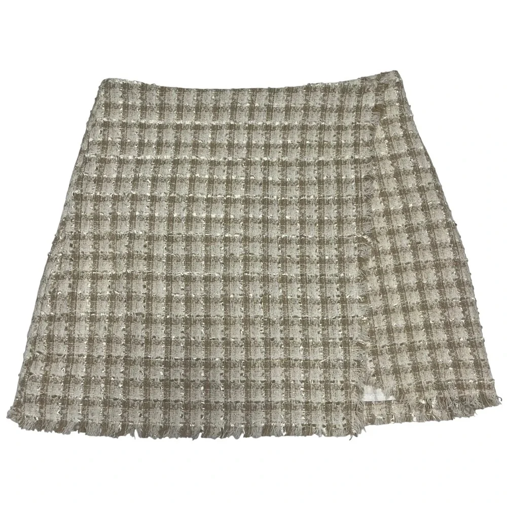 Lulus Tan Plaid Tweed Faux Wrap‎ Mini Skirt Metallic Small